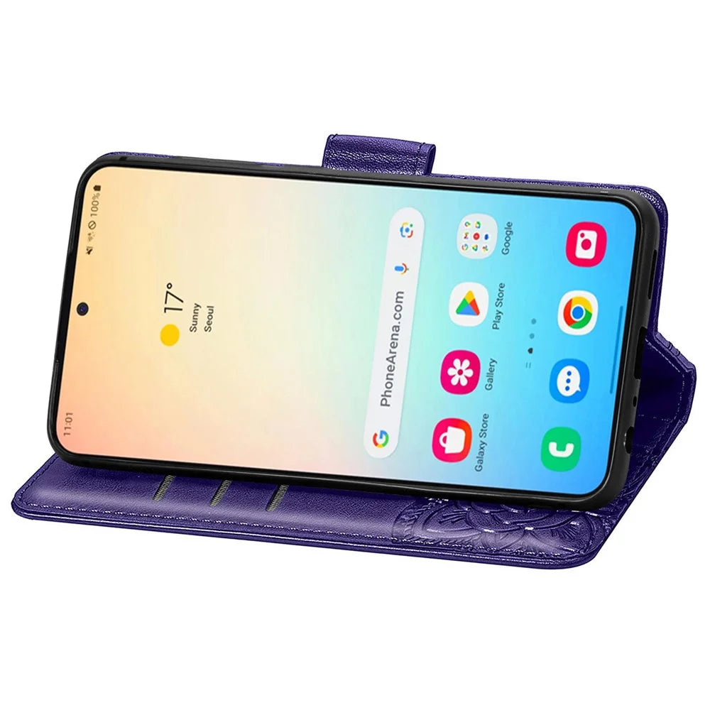Wallet Case for Samsung Galaxy S24+ Butterfly Imprinted Leather Folio Phone Cover Stand - Dark Purple - 3