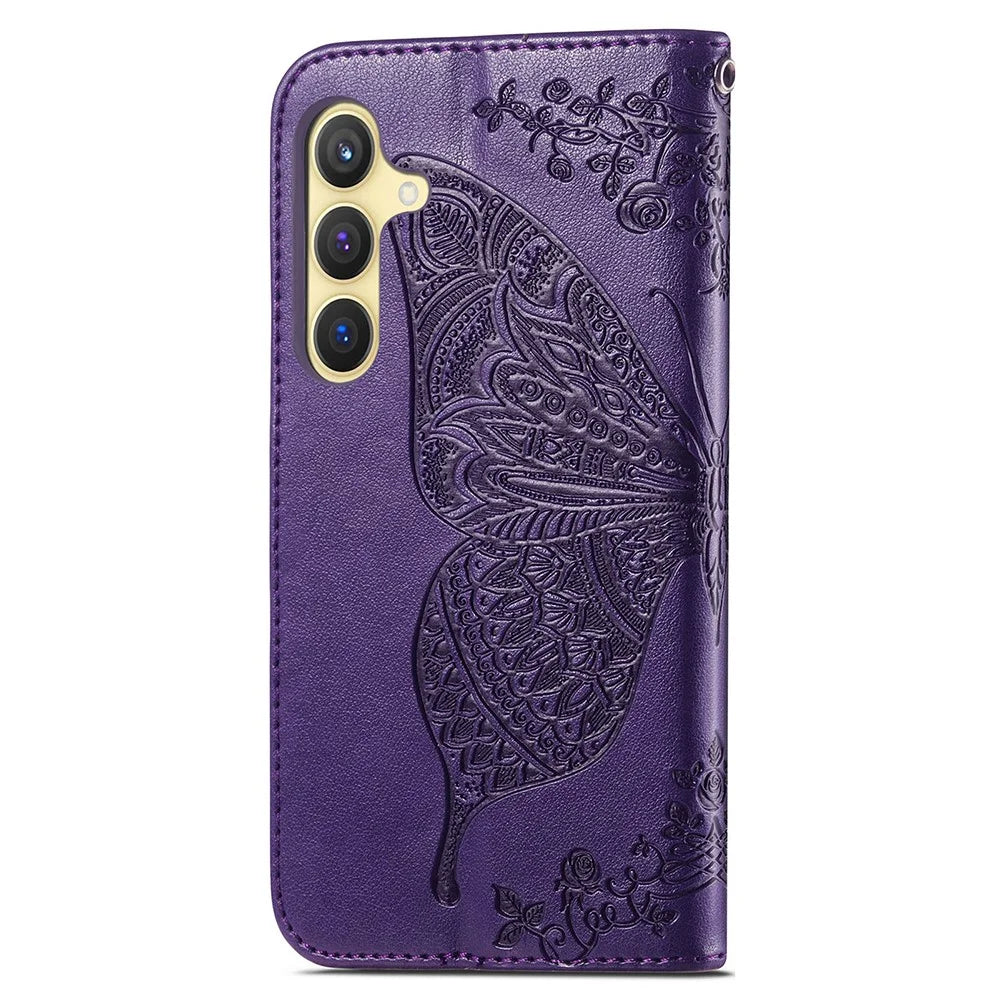 Wallet Case for Samsung Galaxy S24+ Butterfly Imprinted Leather Folio Phone Cover Stand - Dark Purple - 4