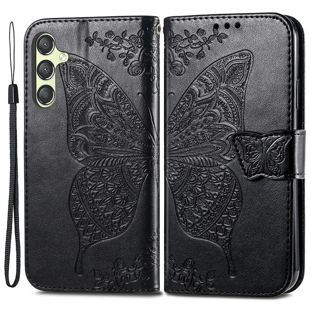 For Samsung Galaxy A25 5G (Global) (161.0 x 76.5 x 8.3mm) Butterfly Pattern Case Leather Phone Cover with Magnetic Clasp - Black - 1