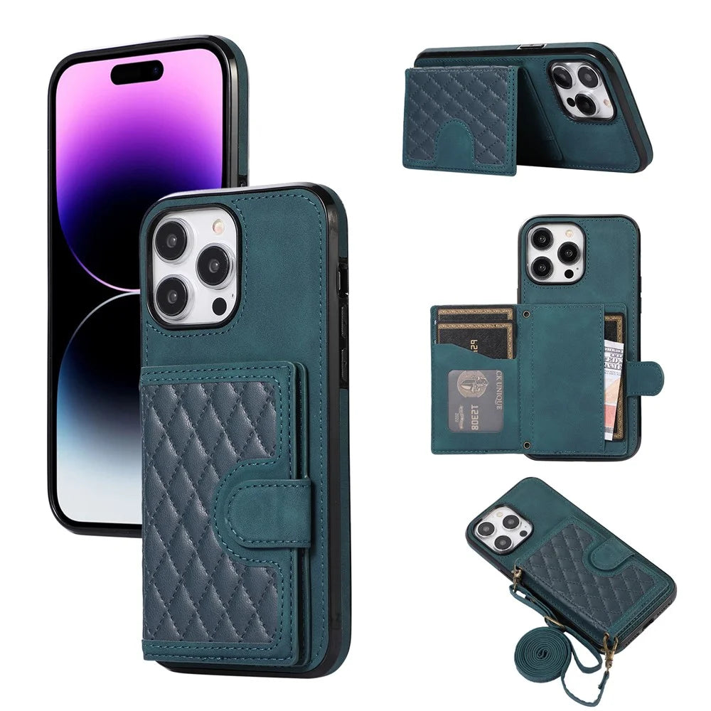 For iPhone 14 Pro Max Case Leather TPU Cover with Back Card Holder Shoulder Strap - Green - 1