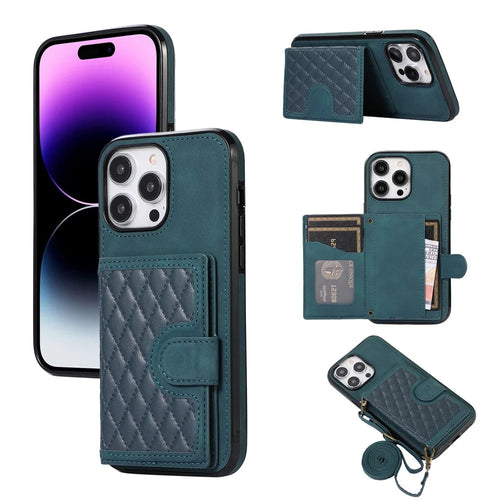 For iPhone 14 Pro Max Case Leather TPU Cover with Back Card Holder Shoulder Strap - Green - 1