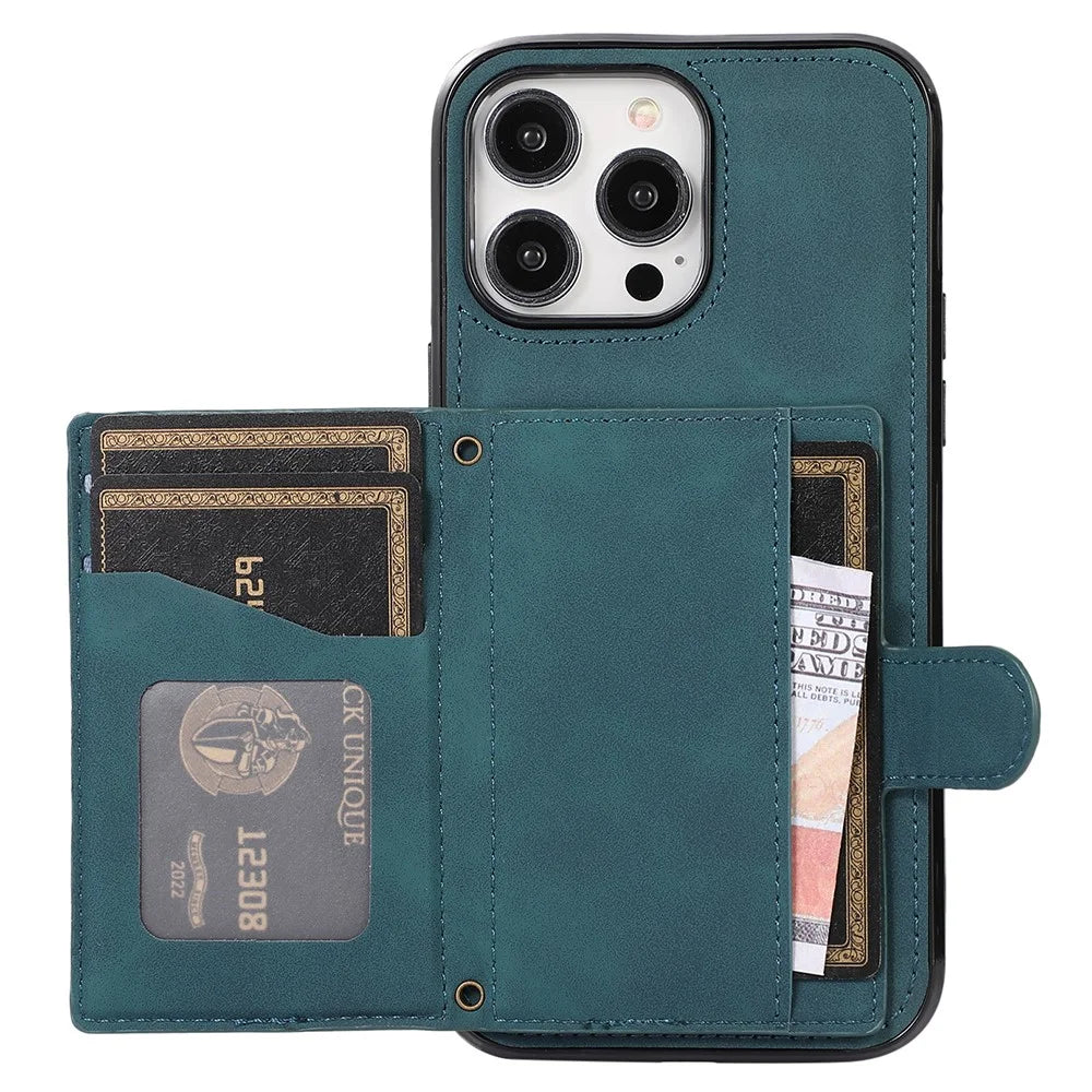 For iPhone 14 Pro Max Case Leather TPU Cover with Back Card Holder Shoulder Strap - Green - 2