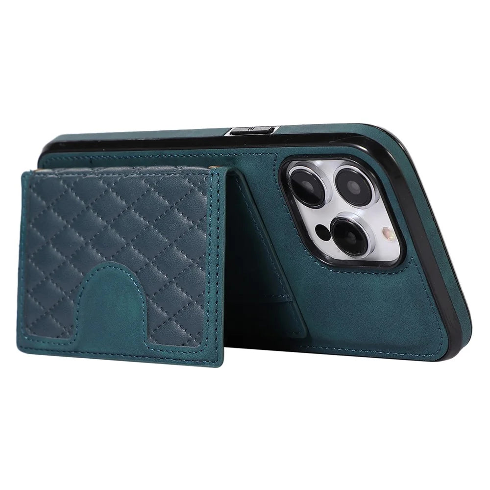 For iPhone 14 Pro Max Case Leather TPU Cover with Back Card Holder Shoulder Strap - Green - 3