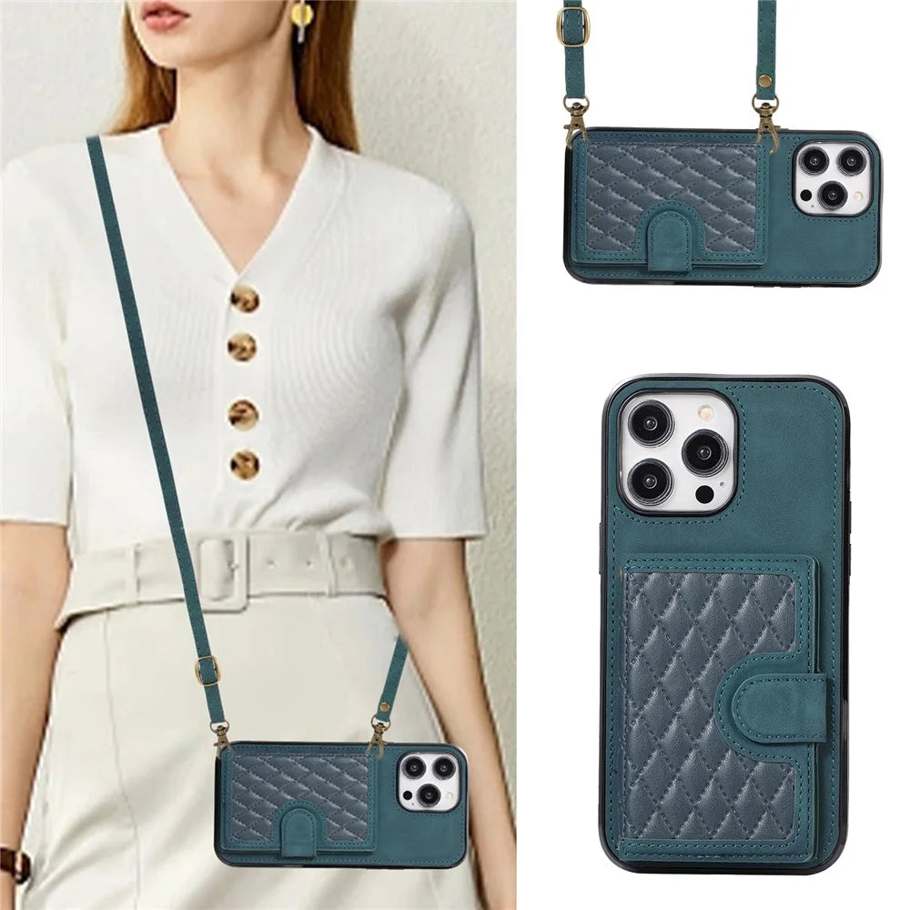 For iPhone 14 Pro Max Case Leather TPU Cover with Back Card Holder Shoulder Strap - Green - 4