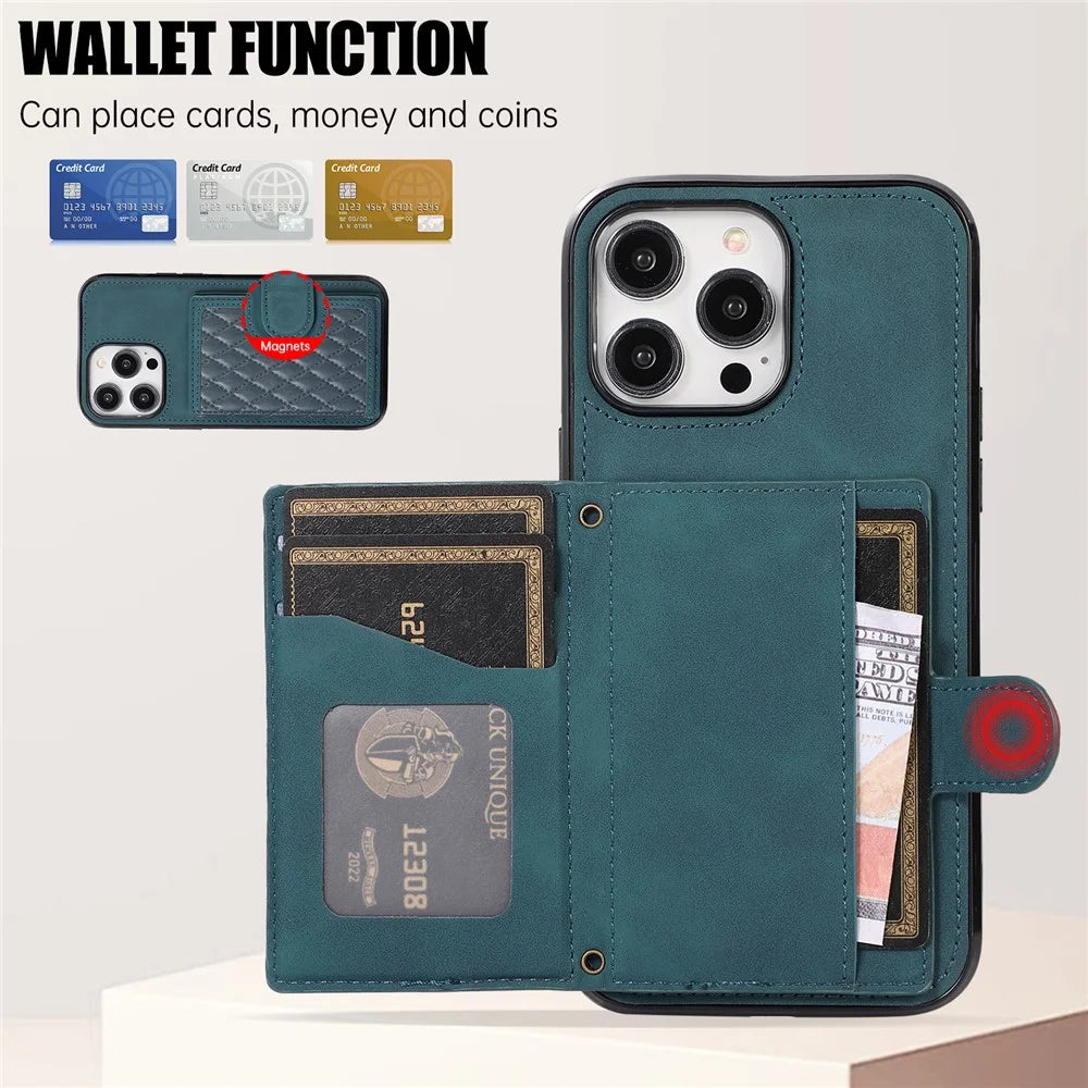 For iPhone 14 Pro Max Case Leather TPU Cover with Back Card Holder Shoulder Strap - Green - 5