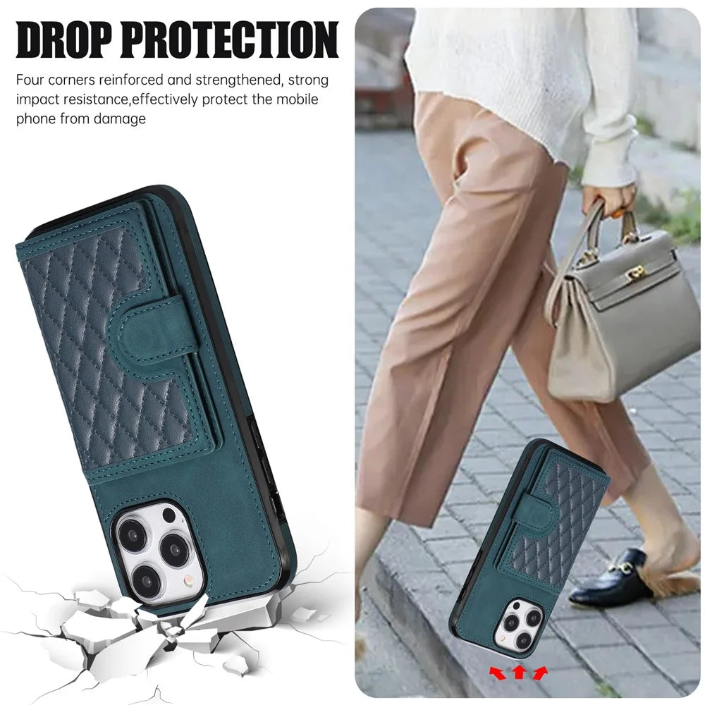 For iPhone 14 Pro Max Case Leather TPU Cover with Back Card Holder Shoulder Strap - Green - 7
