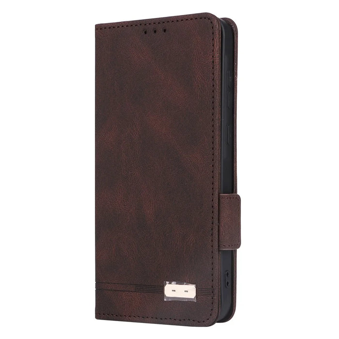 For Samsung Galaxy A35 5G Case Anti-scratch Hardware Decor Leather Phone Stand Cover - Coffee - 6