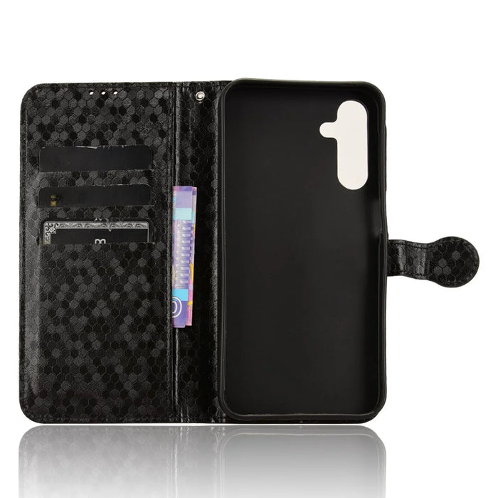 For Samsung Galaxy A15 4G / A15 5G Case Dot Imprinted Leather Shockproof Phone Stand Cover - Black - 4