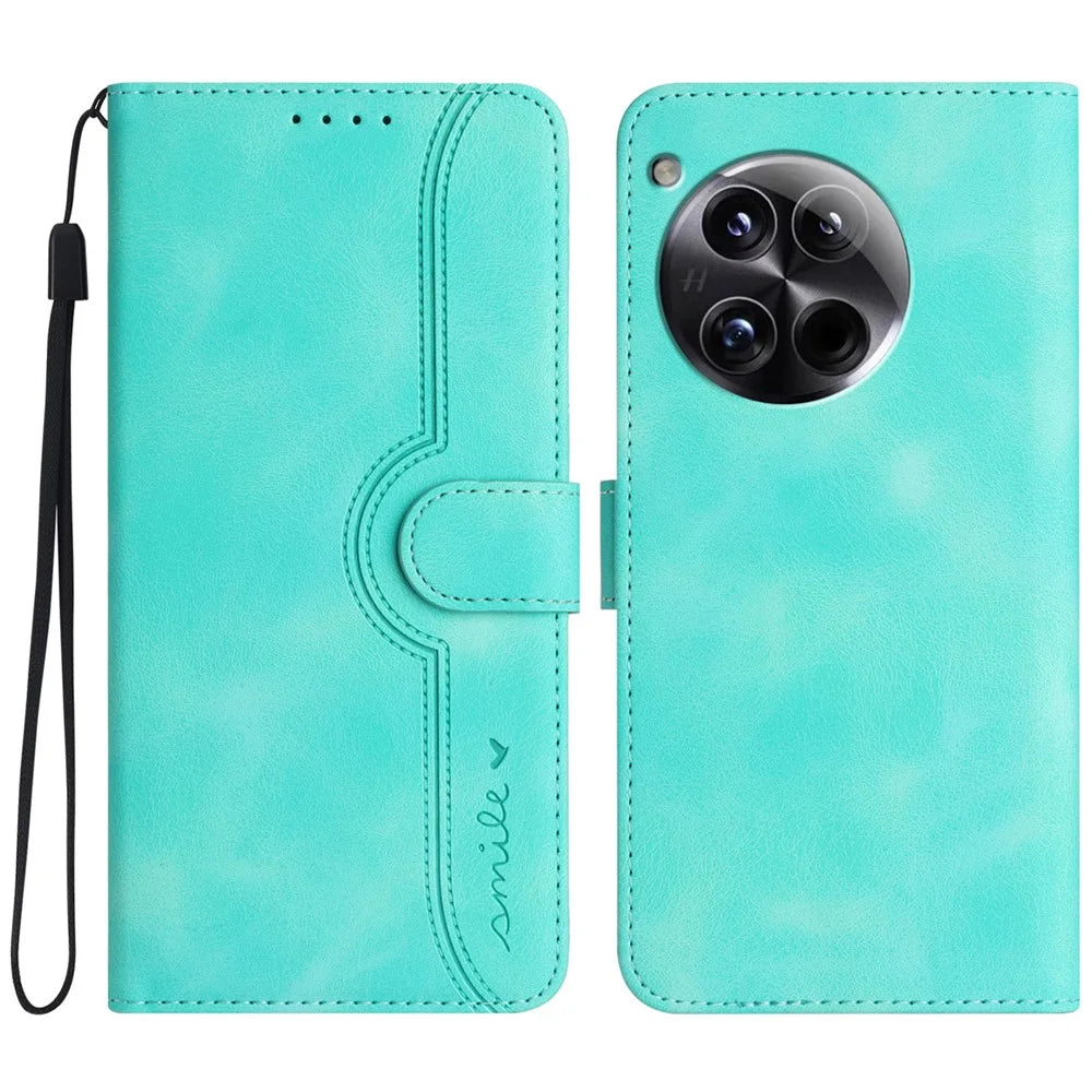 YX0030 For OnePlus 12 5G Leather Wallet Flip Cover Smile Pattern Phone Case Stand - Baby Blue - 1