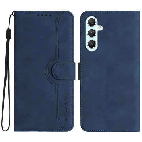 YX0030 For Samsung Galaxy A35 5G Leather Phone Case Smile Pattern Card Holder Wrist Strap - Sapphire - 1