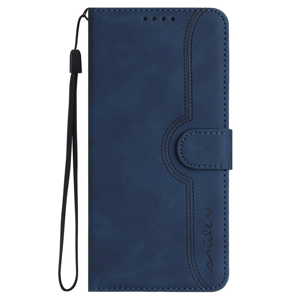 YX0030 For Samsung Galaxy A35 5G Leather Phone Case Smile Pattern Card Holder Wrist Strap - Sapphire - 7