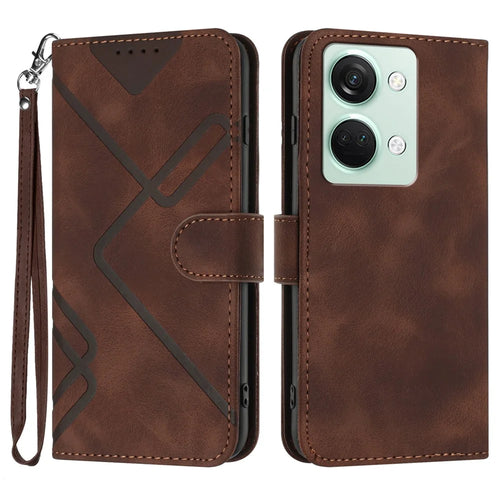 For OnePlus Ace 2V / Nord 3 5G Wallet Case Line Imprinted PU Leather Phone Cover with Strap - Coffee - 1