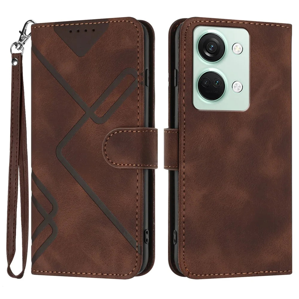 For OnePlus Ace 2V / Nord 3 5G Wallet Case Line Imprinted PU Leather Phone Cover with Strap - Coffee - 1