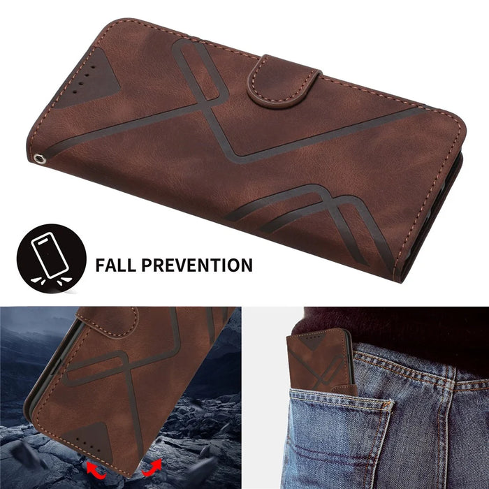For OnePlus Ace 2V / Nord 3 5G Wallet Case Line Imprinted PU Leather Phone Cover with Strap - Coffee - 4