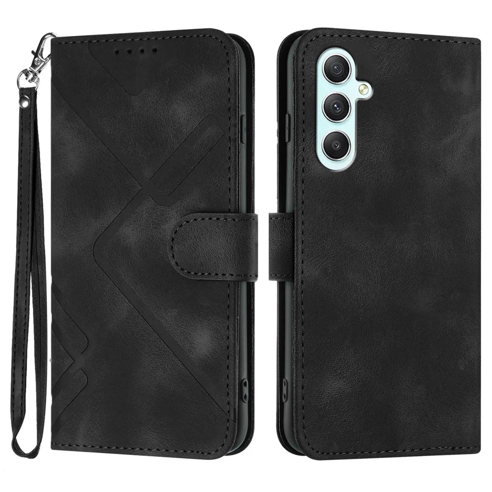 For Samsung Galaxy A35 5G Wallet Case Line Imprinted PU Leather Phone Cover with Strap - Black - 1
