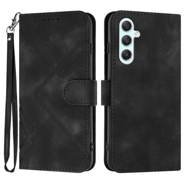 For Samsung Galaxy A35 5G Wallet Case Line Imprinted PU Leather Phone Cover with Strap - Black - 1