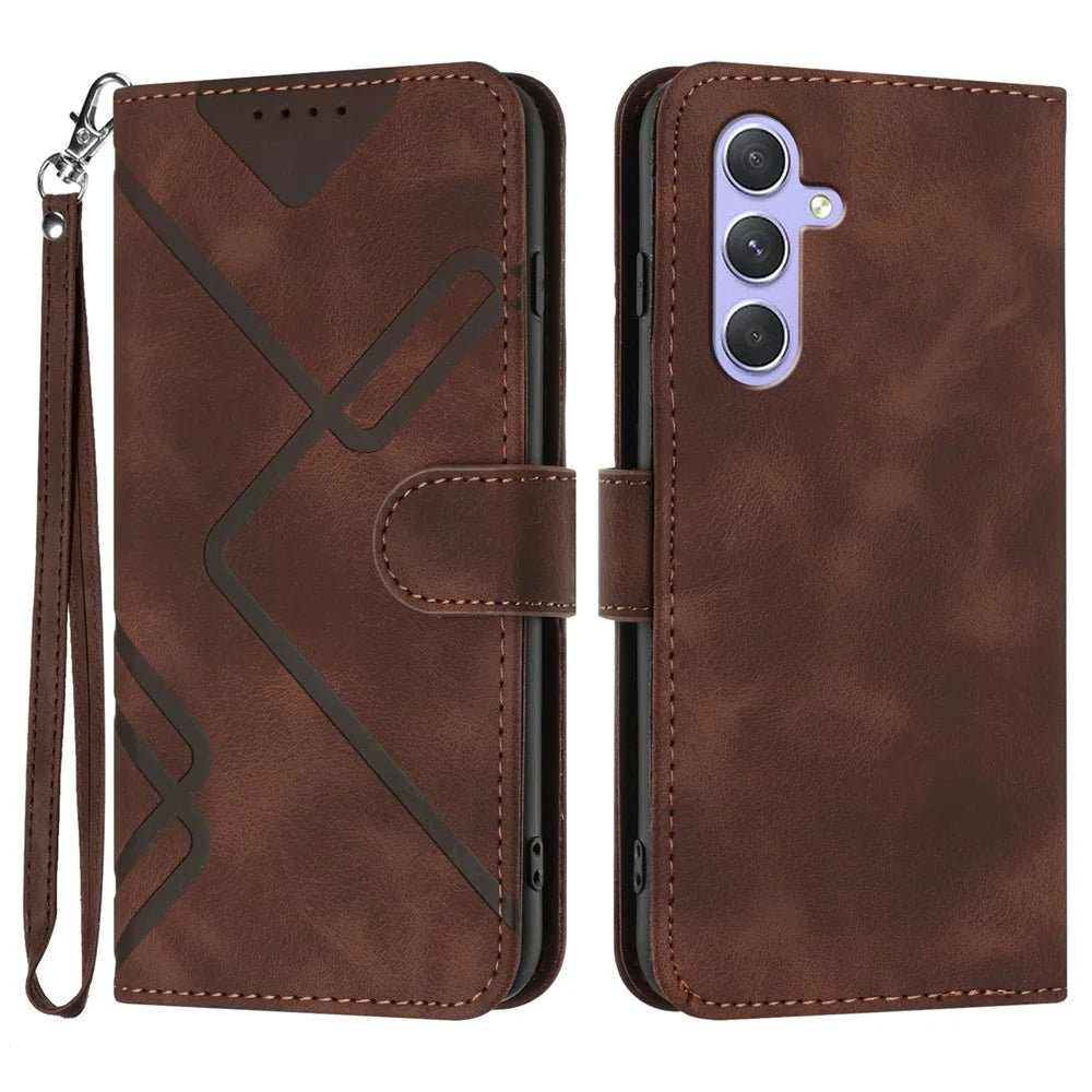 For Samsung Galaxy A55 5G Wallet Case Line Imprinted PU Leather Phone Cover with Strap - Coffee - 1
