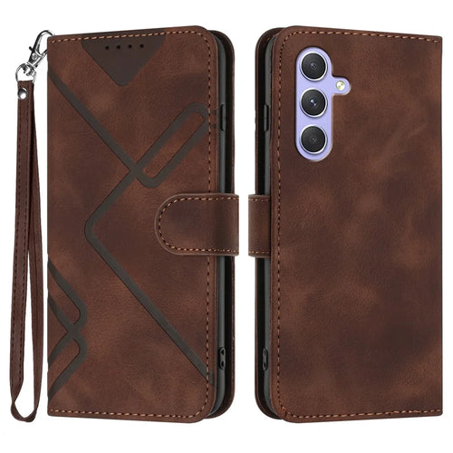 For Samsung Galaxy A55 5G Wallet Case Line Imprinted PU Leather Phone Cover with Strap - Coffee - 1