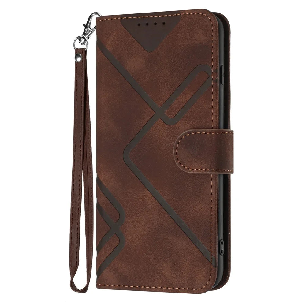 For Samsung Galaxy A55 5G Wallet Case Line Imprinted PU Leather Phone Cover with Strap - Coffee - 7