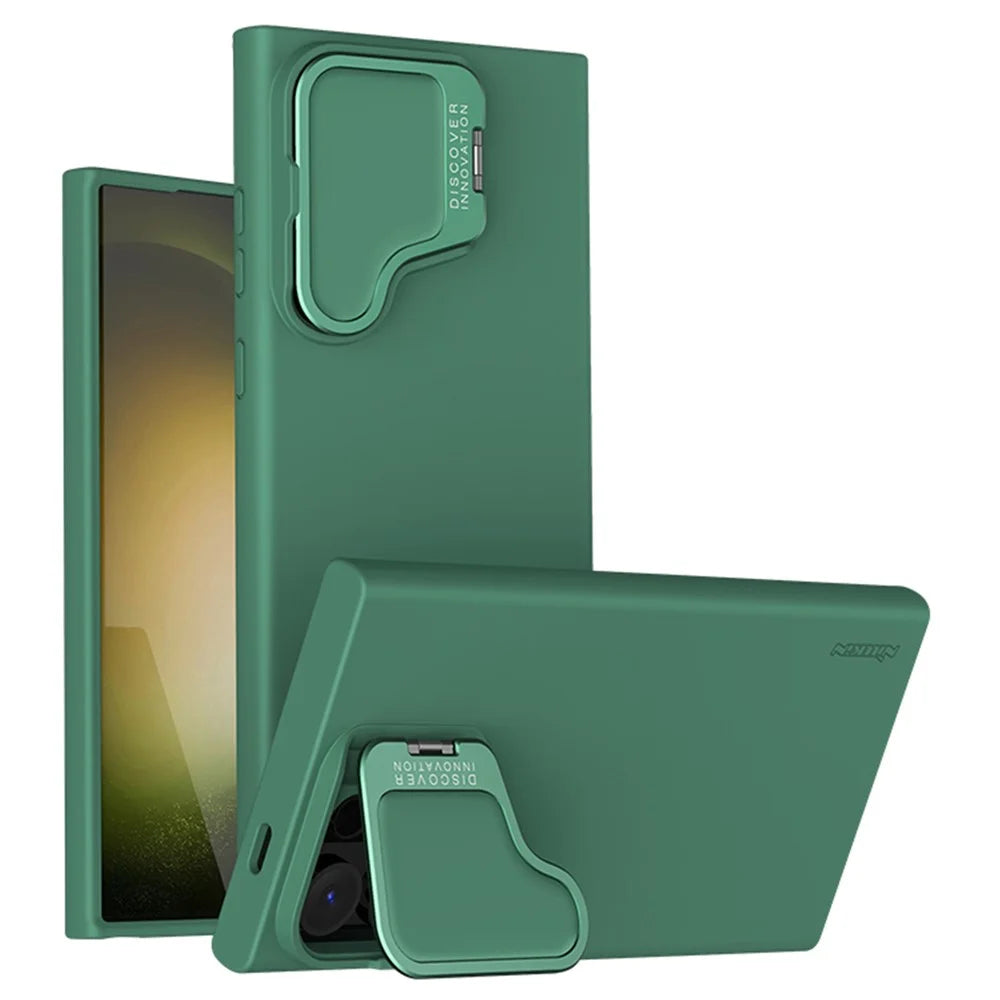 NILLKIN Camshield Silky Prop for Samsung Galaxy S24 Ultra Silicone+PC Phone Case Lens Cover Kickstand  - Green - 1