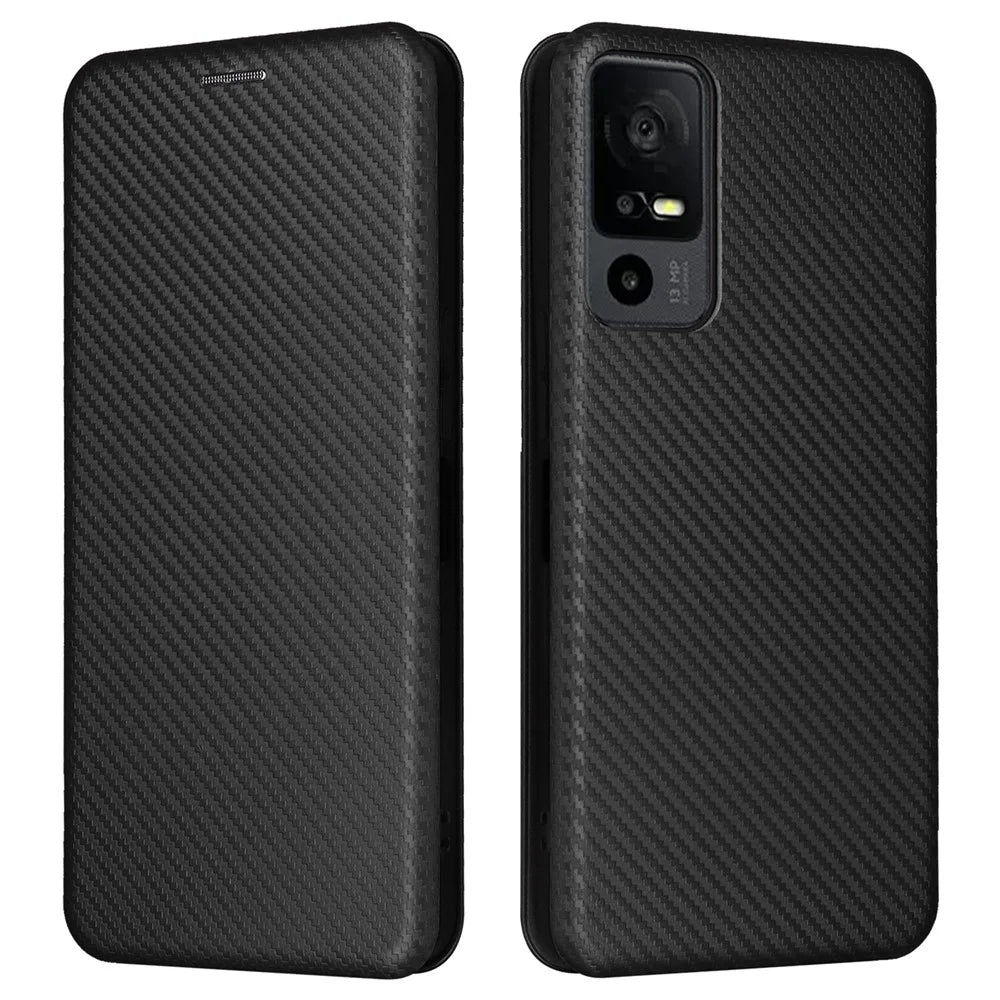 For TCL 40 XL Leather Case with Card Slot Stand Carbon Fiber Texture - Black - 1