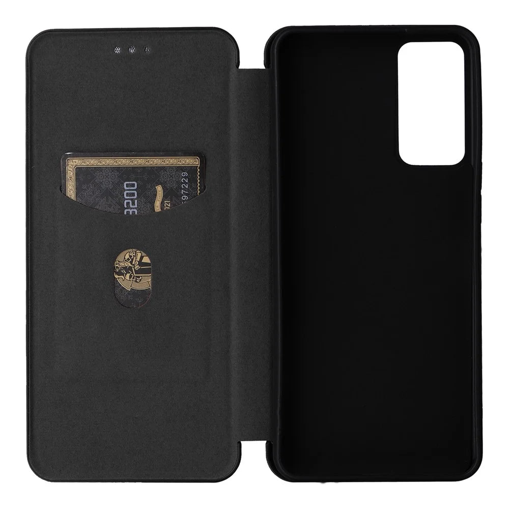 For TCL 40 XL Leather Case with Card Slot Stand Carbon Fiber Texture - Black - 5