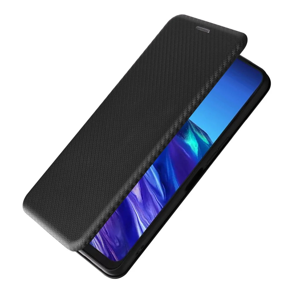 For TCL 40 XL Leather Case with Card Slot Stand Carbon Fiber Texture - Black - 6