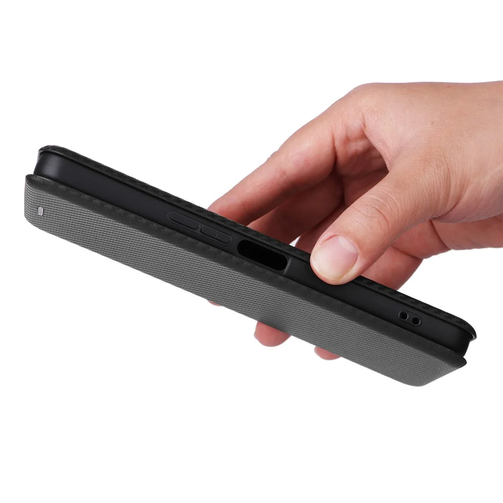 For TCL 40 XL Leather Case with Card Slot Stand Carbon Fiber Texture - Black - 7