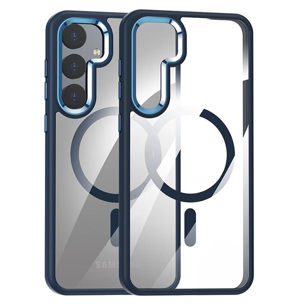 For Samsung Galaxy S24+ Phone Magnetic Case Metal Lens Frame Cover - Dark Blue - 1