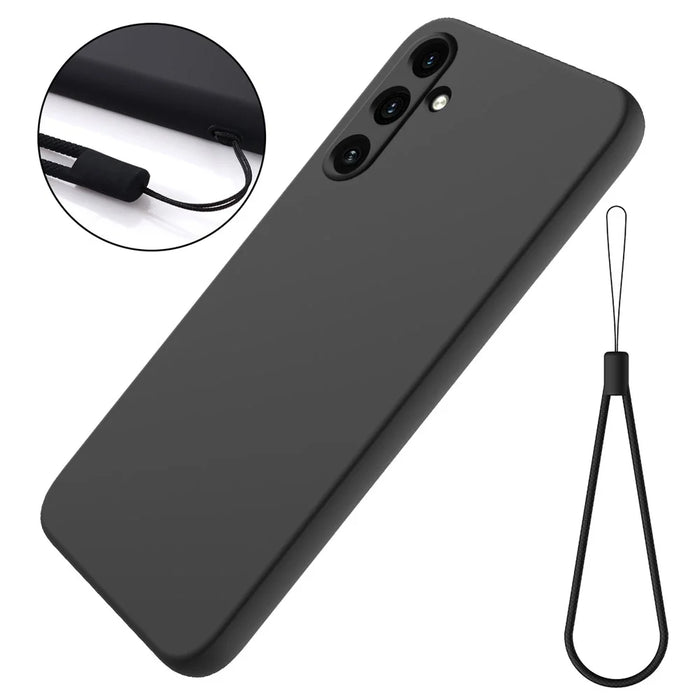 For Samsung Galaxy A55 5G Phone Case Soft Lining Liquid Silicone Protective Shell with Strap - Black - 1