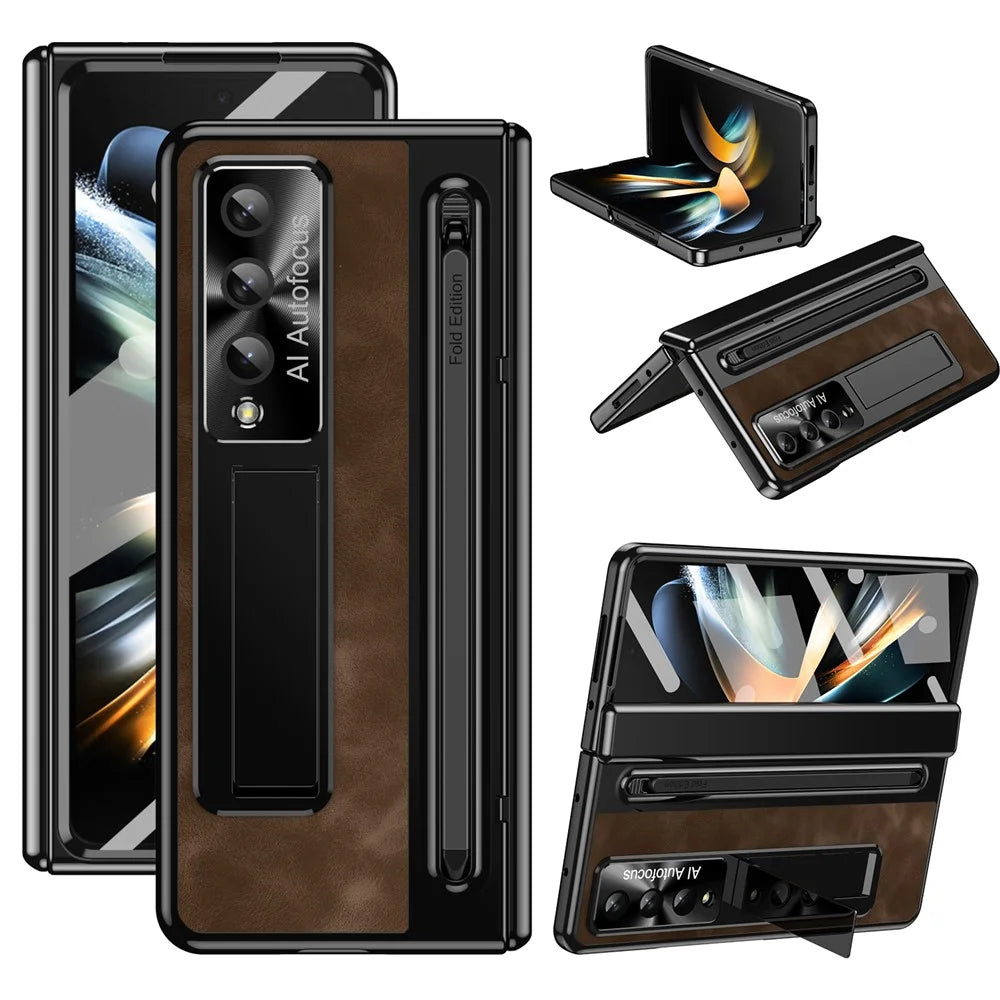 For Samsung Galaxy Z Fold4 5G Retro Phone Case Kickstand Cover with Tempered Glass Film and Stylus Pen - Coffee - 1