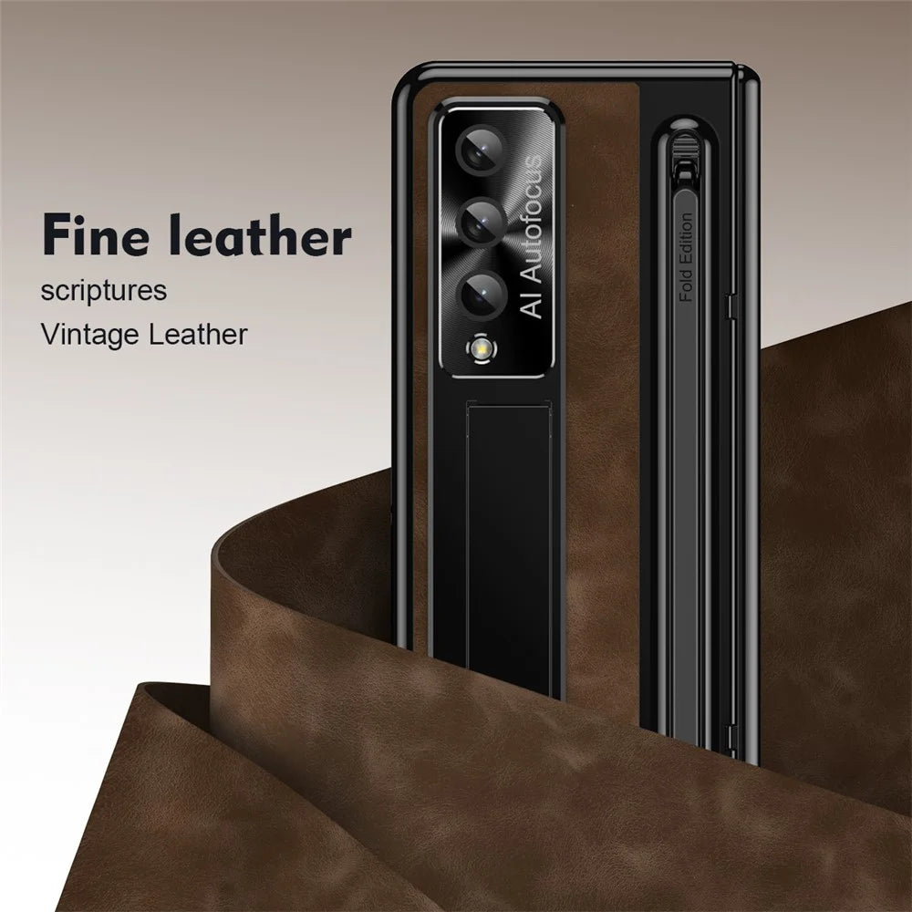 For Samsung Galaxy Z Fold4 5G Retro Phone Case Kickstand Cover with Tempered Glass Film and Stylus Pen - Coffee - 2