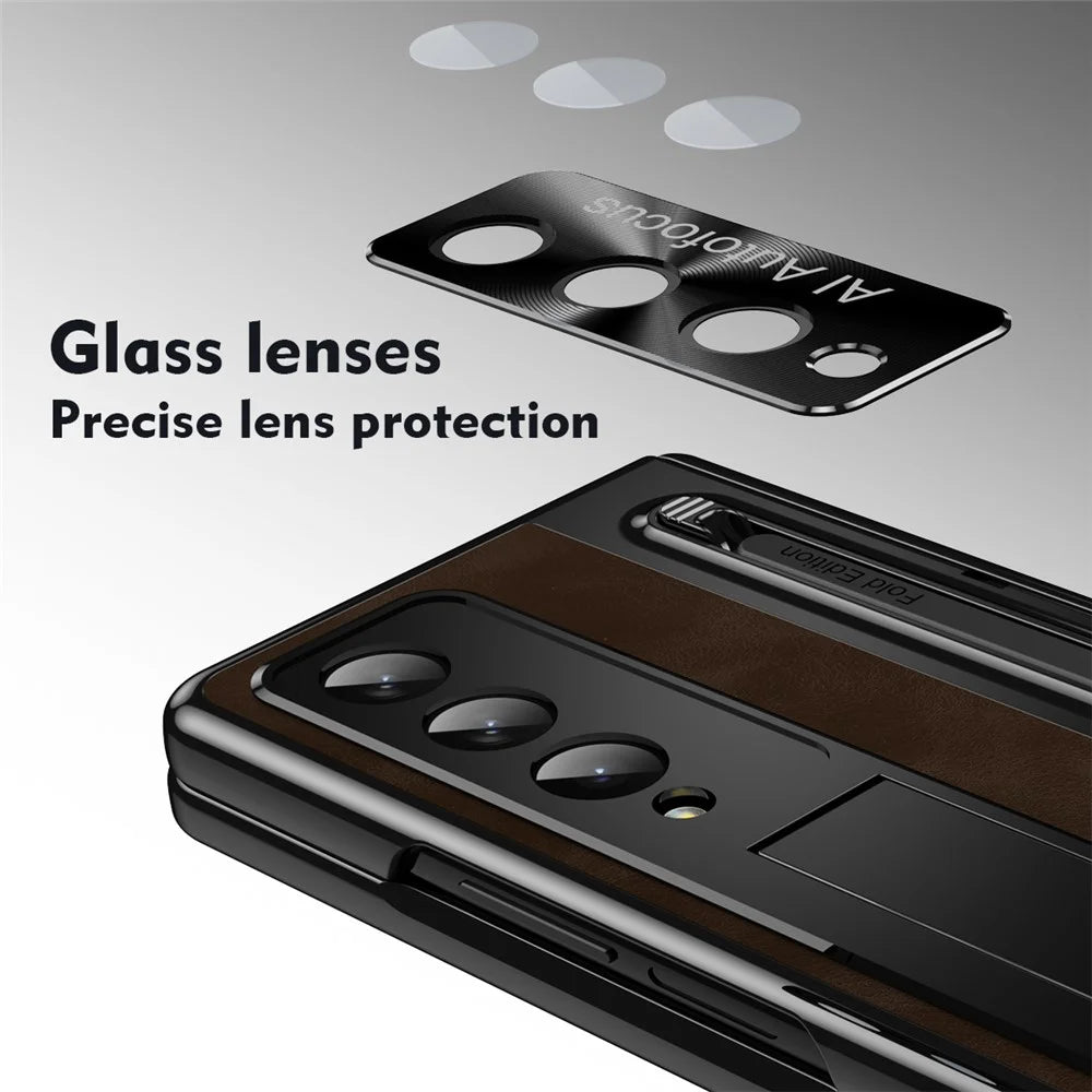 For Samsung Galaxy Z Fold4 5G Retro Phone Case Kickstand Cover with Tempered Glass Film and Stylus Pen - Coffee - 3