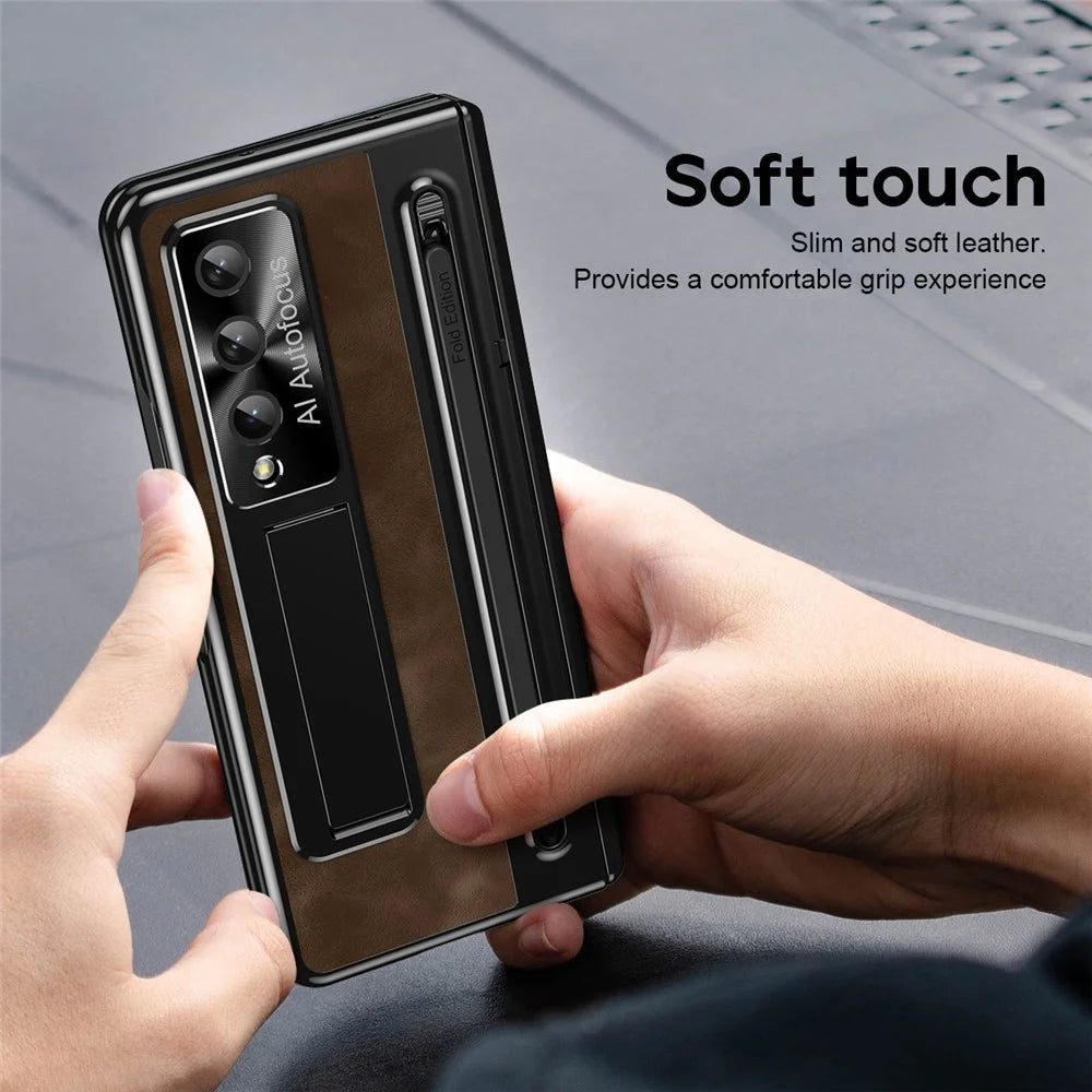 For Samsung Galaxy Z Fold4 5G Retro Phone Case Kickstand Cover with Tempered Glass Film and Stylus Pen - Coffee - 4