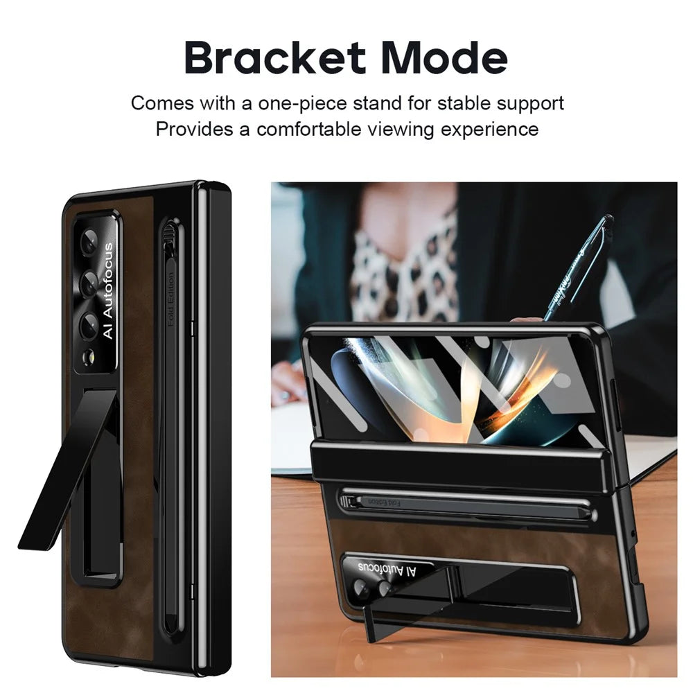 For Samsung Galaxy Z Fold4 5G Retro Phone Case Kickstand Cover with Tempered Glass Film and Stylus Pen - Coffee - 5