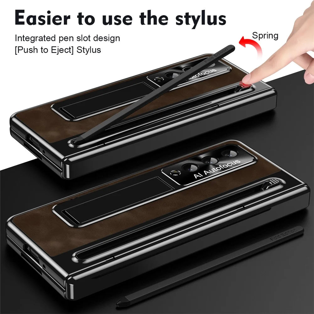 For Samsung Galaxy Z Fold4 5G Retro Phone Case Kickstand Cover with Tempered Glass Film and Stylus Pen - Coffee - 6