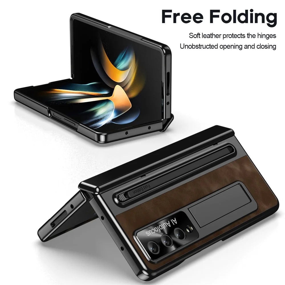 For Samsung Galaxy Z Fold4 5G Retro Phone Case Kickstand Cover with Tempered Glass Film and Stylus Pen - Coffee - 7