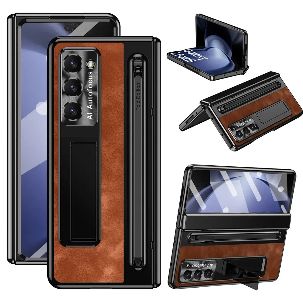 For Samsung Galaxy Z Fold5 5G Case Leather+PC Phone Cover with Tempered Glass Film and Stylus Pen - Brown - 1