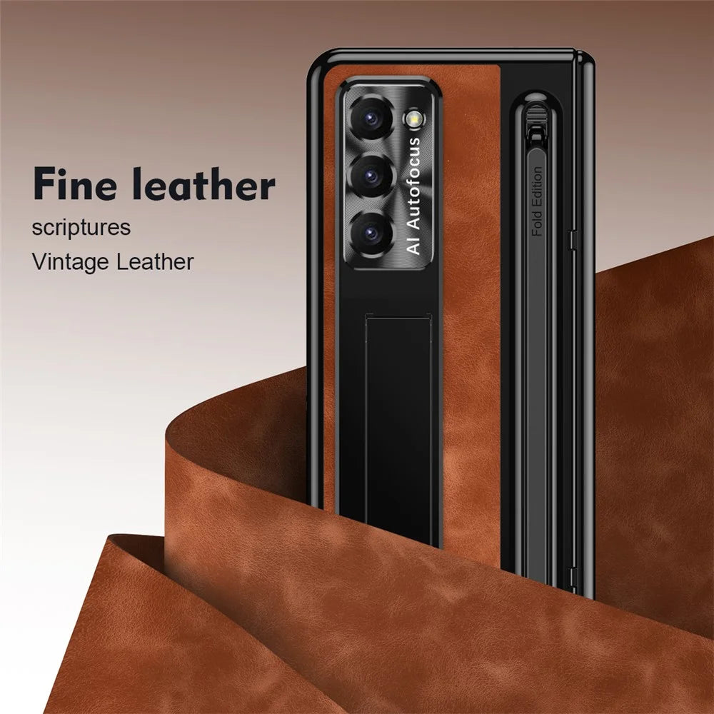 For Samsung Galaxy Z Fold5 5G Case Leather+PC Phone Cover with Tempered Glass Film and Stylus Pen - Brown - 2