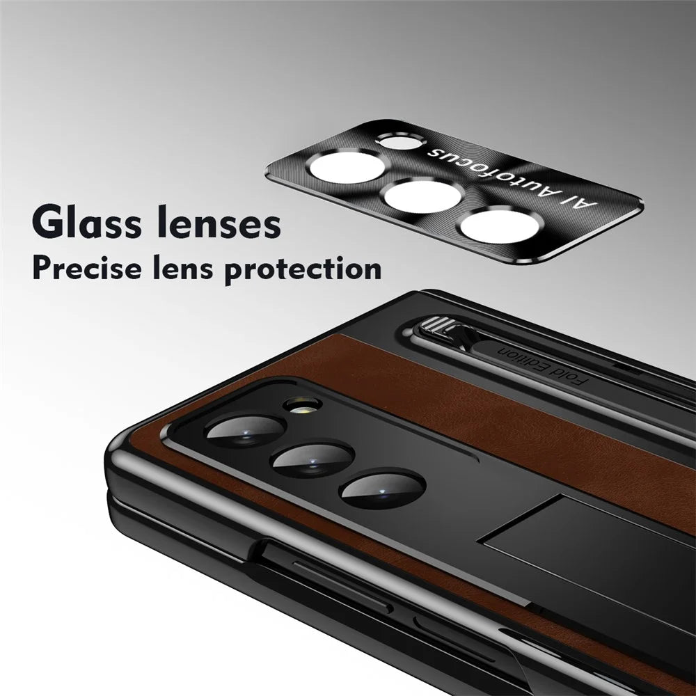 For Samsung Galaxy Z Fold5 5G Case Leather+PC Phone Cover with Tempered Glass Film and Stylus Pen - Brown - 3