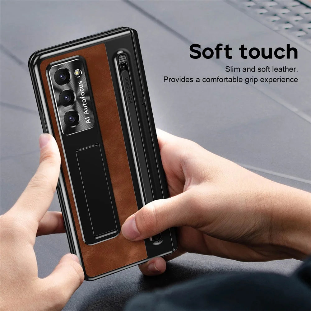 For Samsung Galaxy Z Fold5 5G Case Leather+PC Phone Cover with Tempered Glass Film and Stylus Pen - Brown - 4