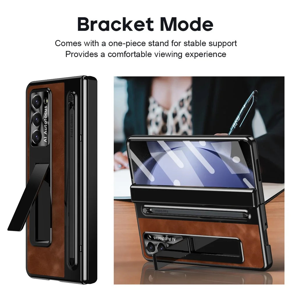For Samsung Galaxy Z Fold5 5G Case Leather+PC Phone Cover with Tempered Glass Film and Stylus Pen - Brown - 5