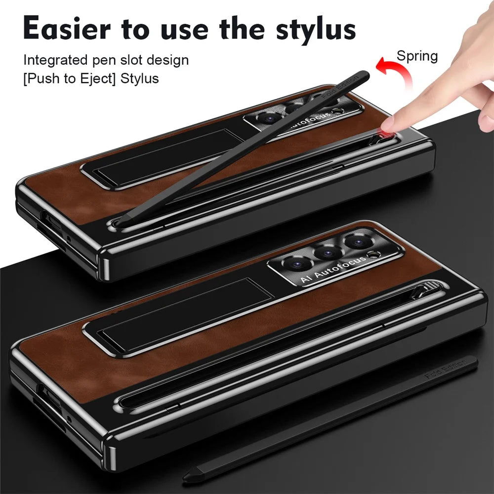For Samsung Galaxy Z Fold5 5G Case Leather+PC Phone Cover with Tempered Glass Film and Stylus Pen - Brown - 6
