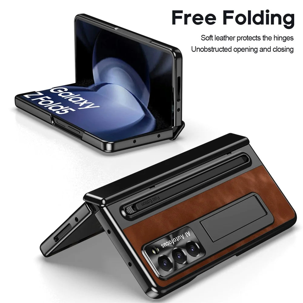 For Samsung Galaxy Z Fold5 5G Case Leather+PC Phone Cover with Tempered Glass Film and Stylus Pen - Brown - 7