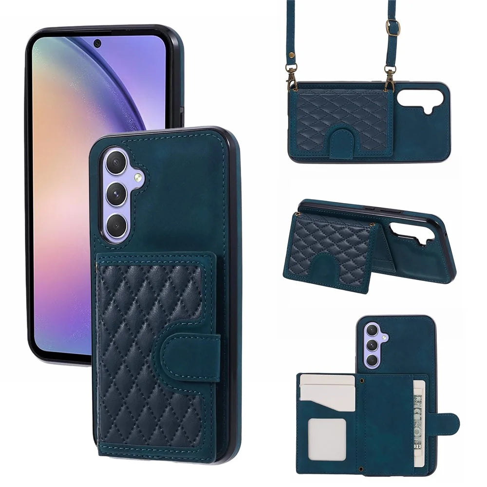 For Samsung Galaxy A25 5G (Global) (161.0 x 76.5 x 8.3mm) Cell Phone Case PU Leather+TPU Card Holder Back Cover with Long Strap - Green - 1