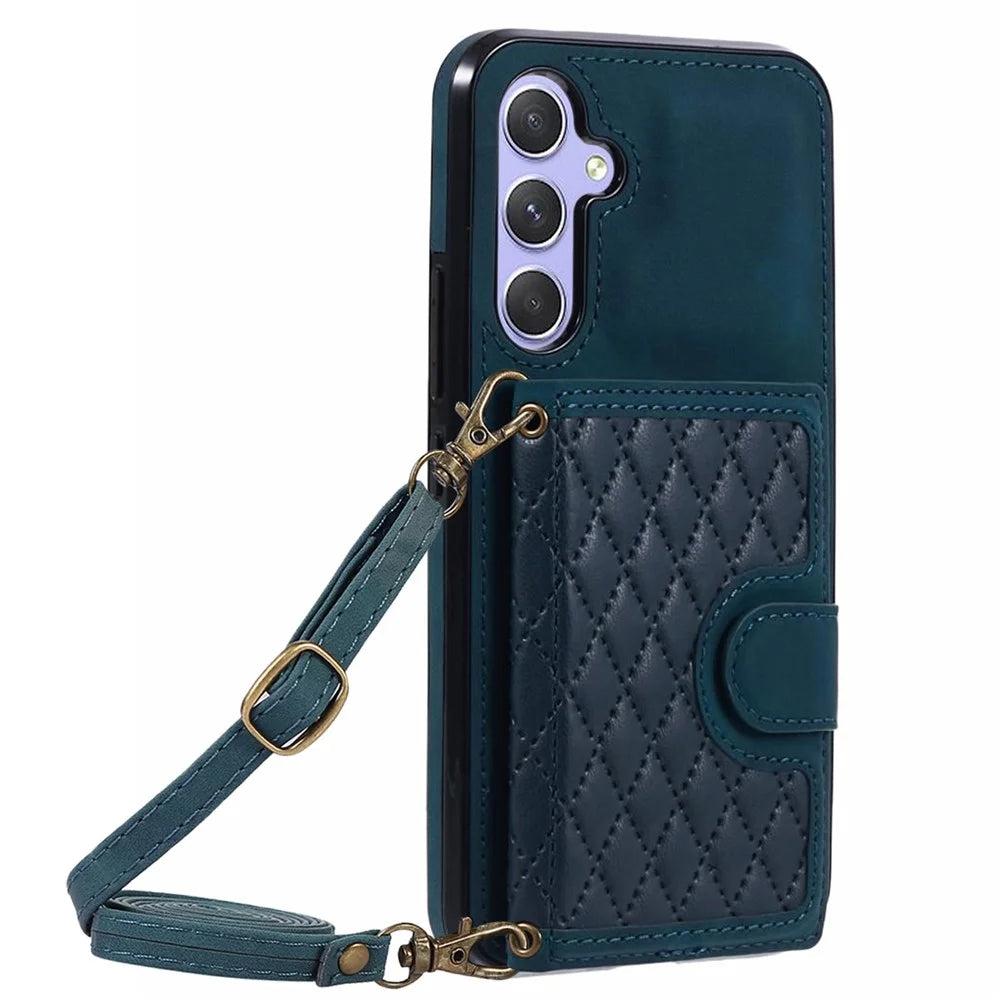 For Samsung Galaxy A25 5G (Global) (161.0 x 76.5 x 8.3mm) Cell Phone Case PU Leather+TPU Card Holder Back Cover with Long Strap - Green - 5