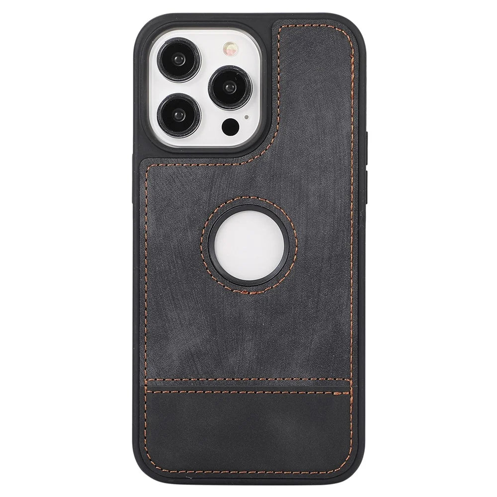 For iPhone 15 Pro Max Case Drop-resistant PU Leather Coated TPU Logo View Mobile Phone Shell - Black - 1