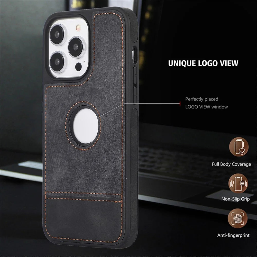 For iPhone 15 Pro Max Case Drop-resistant PU Leather Coated TPU Logo View Mobile Phone Shell - Black - 4