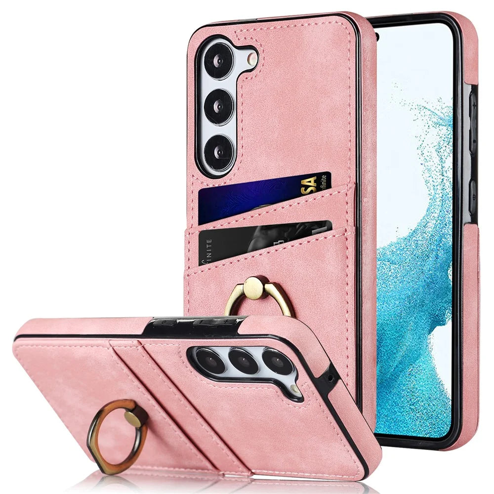 For Samsung Galaxy S24 Case PU Leather Coated TPU Retro Card Slots Phone Cover - Pink - 1