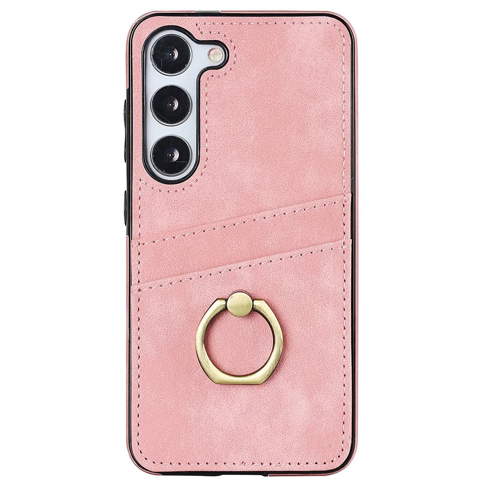 For Samsung Galaxy S24 Case PU Leather Coated TPU Retro Card Slots Phone Cover - Pink - 2